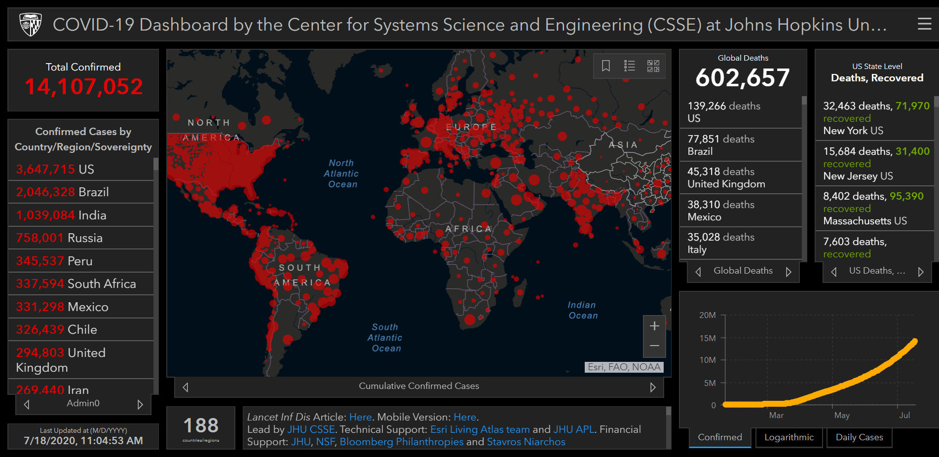 real time, live, interactive global coronavirus COVID 19 tracking map