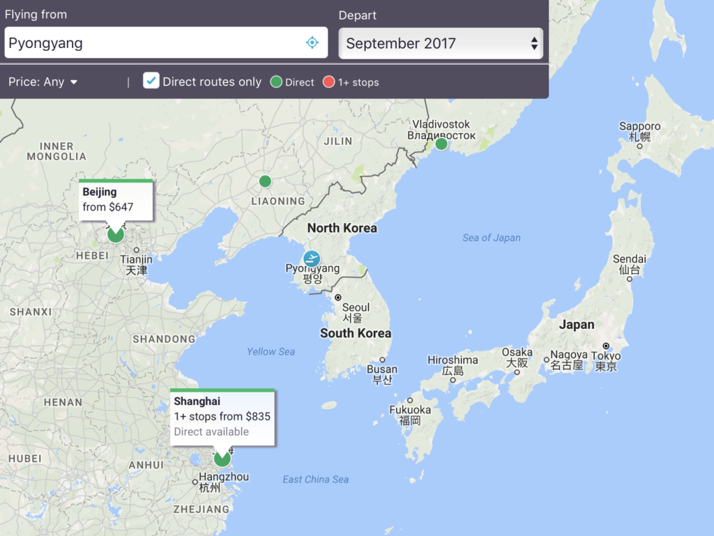 Direct flight routes from Pyongyang