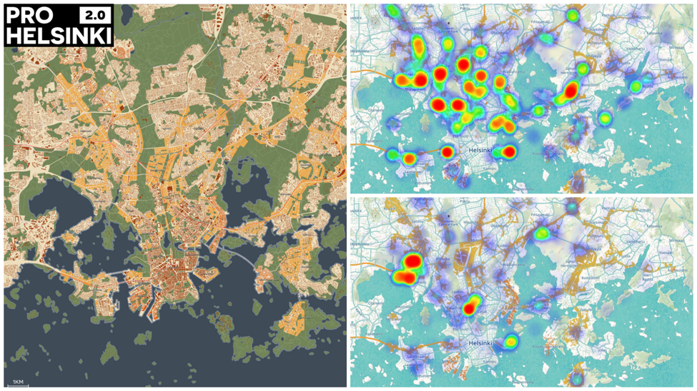 Left: The alternative master plan. Right: Results from the feedback questionnaire. The proposed development in the plan was imported into Maptionnaire as its own information layer. The top image is for most favorable ideas and the bottom image for top places of improvement. Images by Urban Helsinki.