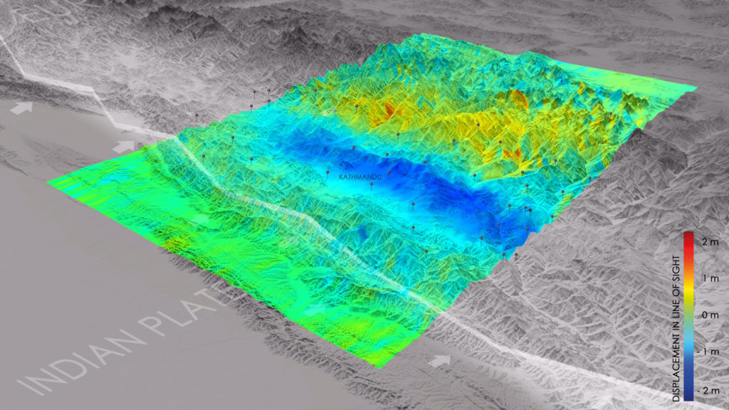 Changes in elevation and position that occurred as a result of the April 25, 2015 earthquake in Nepal are depicted in this image based on satellite data. Areas in blue were raised by about 0,8 m. Source: DLR