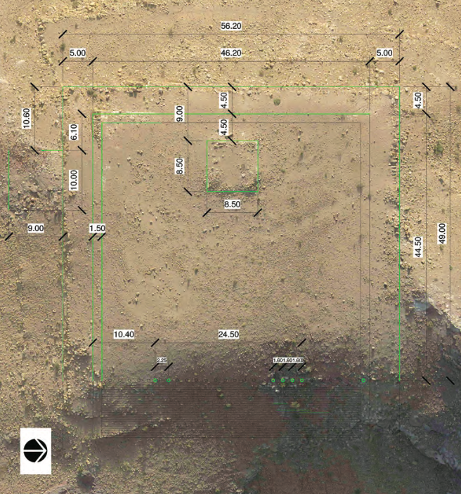 Detail of monumental platform from UAV composite, with architectural details and measurements shown. (Photo by I. LaBianca; graphics by J. Blanzy)