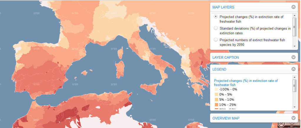 In the chapter 1.2. "Climate Change and freshwater biodiversity" you find this map that projects the expected extinctions of freshwater fish, here in Europe. In the "article" register you will find information on the map (data, methodology, etc). 