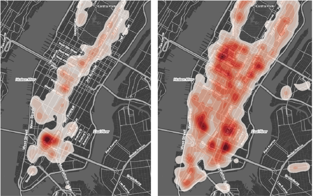 White dots: Stores open during the lockdown. Red dots: All stores open normally before lockdown. 