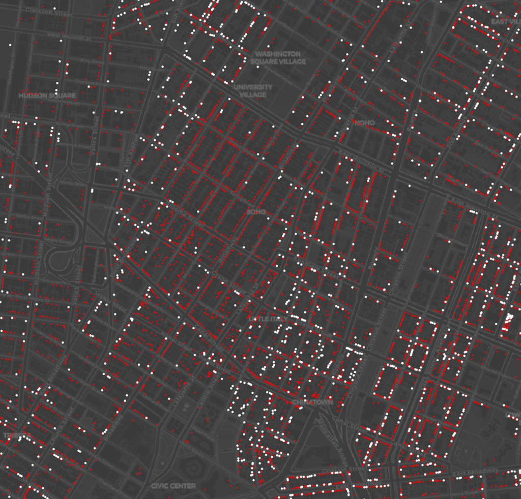 White dots: Stores open during the lockdown. Red dots: All stores open normally before lockdown. 