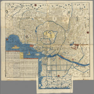 Map of Tokyo, Japan, 1863. Mounted and folded in cover 18x12. Wood block print in Japanese. Published by Nishimuraya Yohachi. This is a reprint of an older map, has two reprint dates: Kaei 1, 5th. month (1848) and Bunkyu 3 (1863). The date seal in the margin is the seal used for 1860. Extension pasted on the bottom of map refers to reclaimed land in the Tom river area. Shows main temples and shrines pictorially. Includes distance chart, legend and points of interest. David Rumsey Map Collection comprises maps from all over the world. Source: David Rumsey Map Collection. 