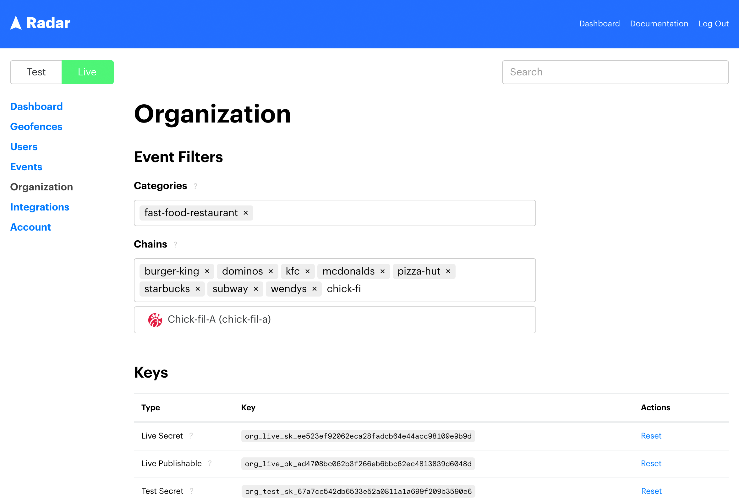 Radar.io settings