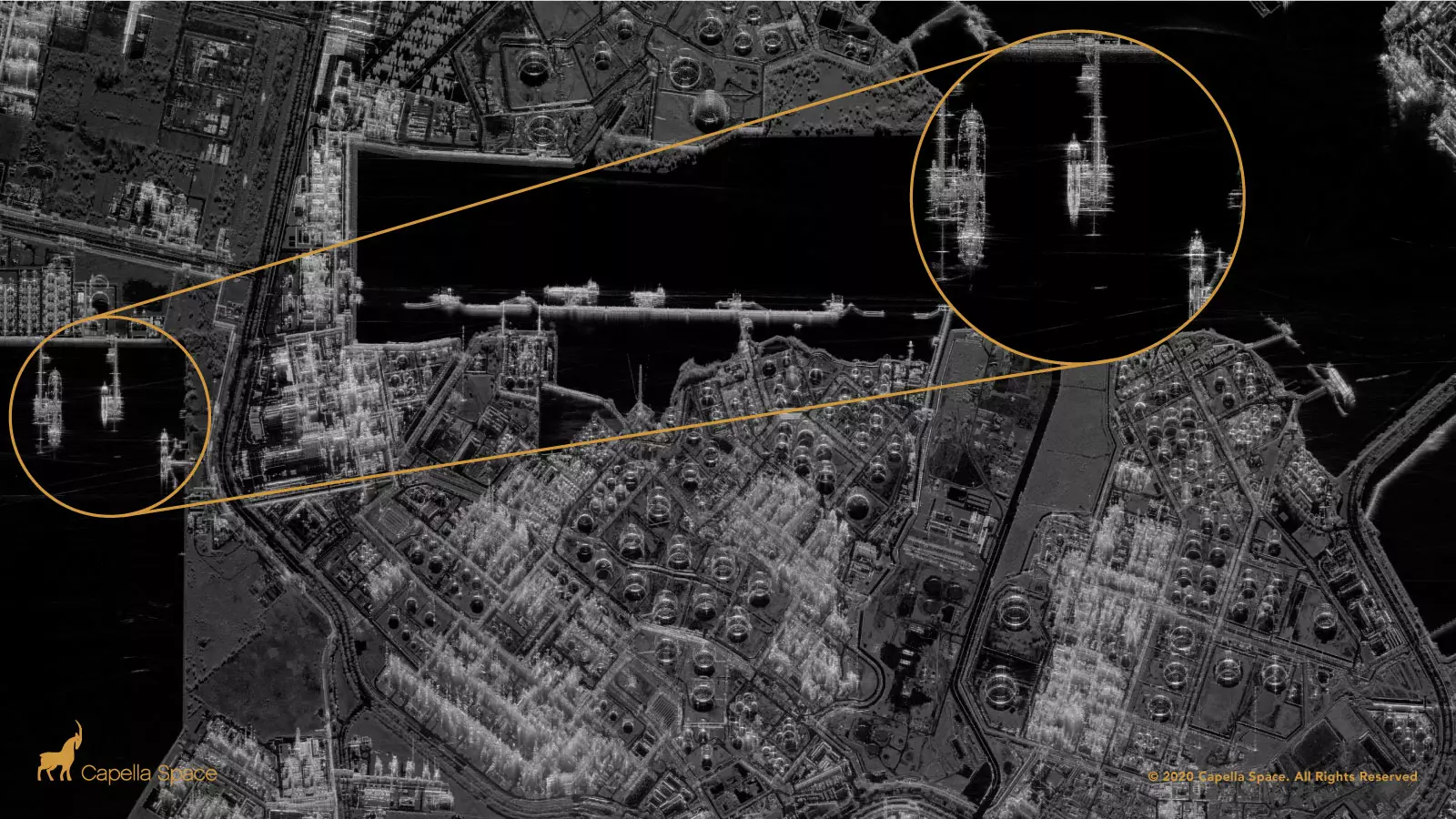 The metallic refining units and piping brightly reflect radar signals (credited to Capella Space)