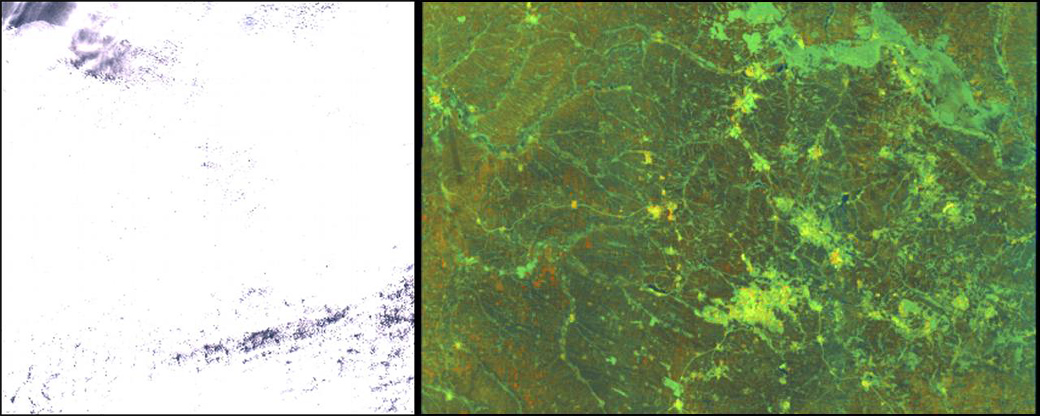 Satellite image in Luhansk and Donetsk (credited to Copernicus Open Access Hub) Left: Nothing can be observed in Sentinel-2 optical image, date: 27/02/2022 Right: Everything is clear in Sentinel-1 SAR image, date: 28/02/2022