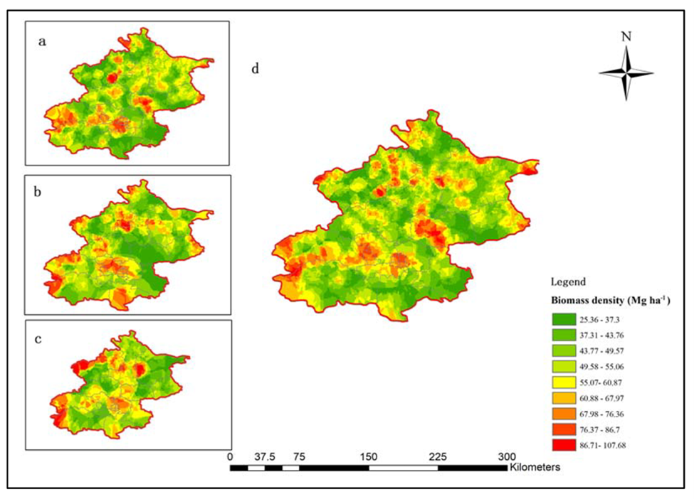 Figure 1: Biomass density distribution in Beijing, China (a) Coniferous forest; (b) Mixed forest; (c) Broadleaf forest; (d) all forest sampling plots.