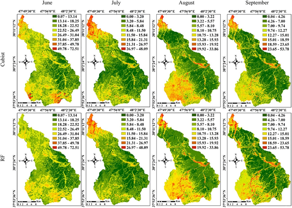 Figure 3: Predictive maps of soil moisture based on the generalized model for both the Cubist and Random Forest MLAs in the study area for the four months.