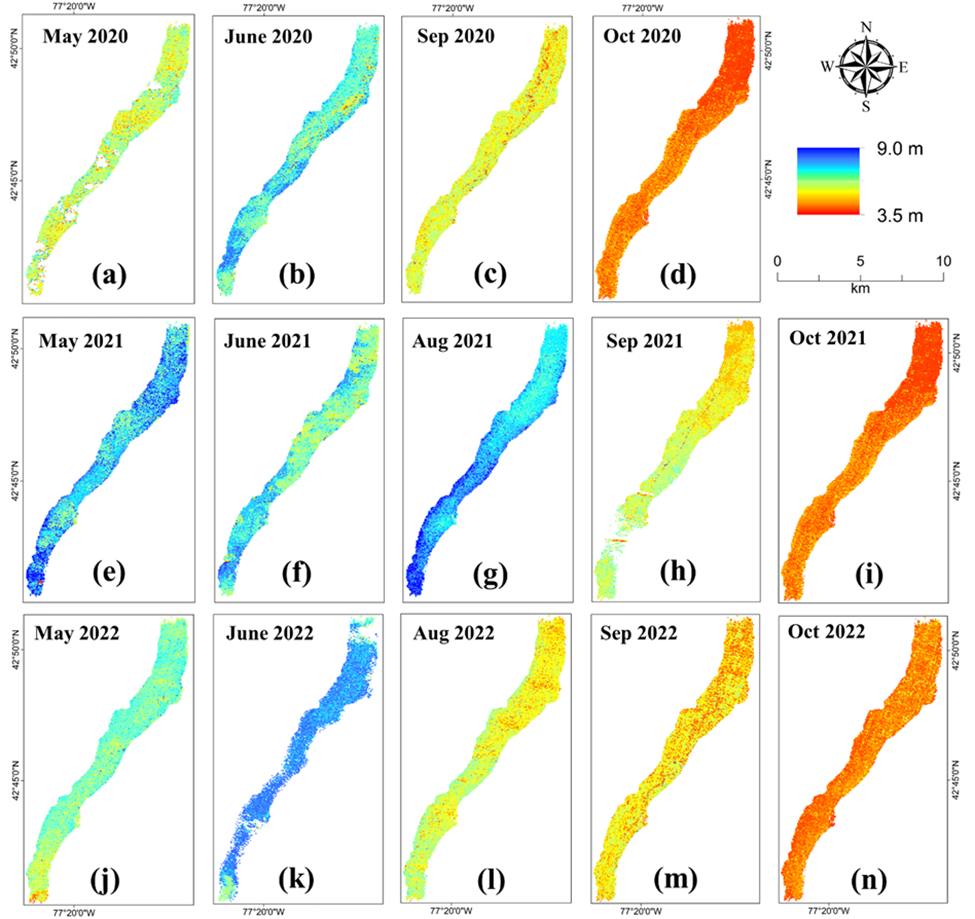 Figure 2: Temporal maps showing the estimated SDD for Canandaigua Lake using one clear imagery for each of the months from June through October for years 2020 (a)–(d), 2021 (e)–(i) and 2022 (j)–(n). The red color indicates the lower values of SDD indicating turbid water and the blue value indicates high values of SDD indicating clearer waters.