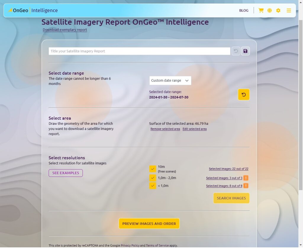 Screenshot of the Satellite Imagery Report order form.