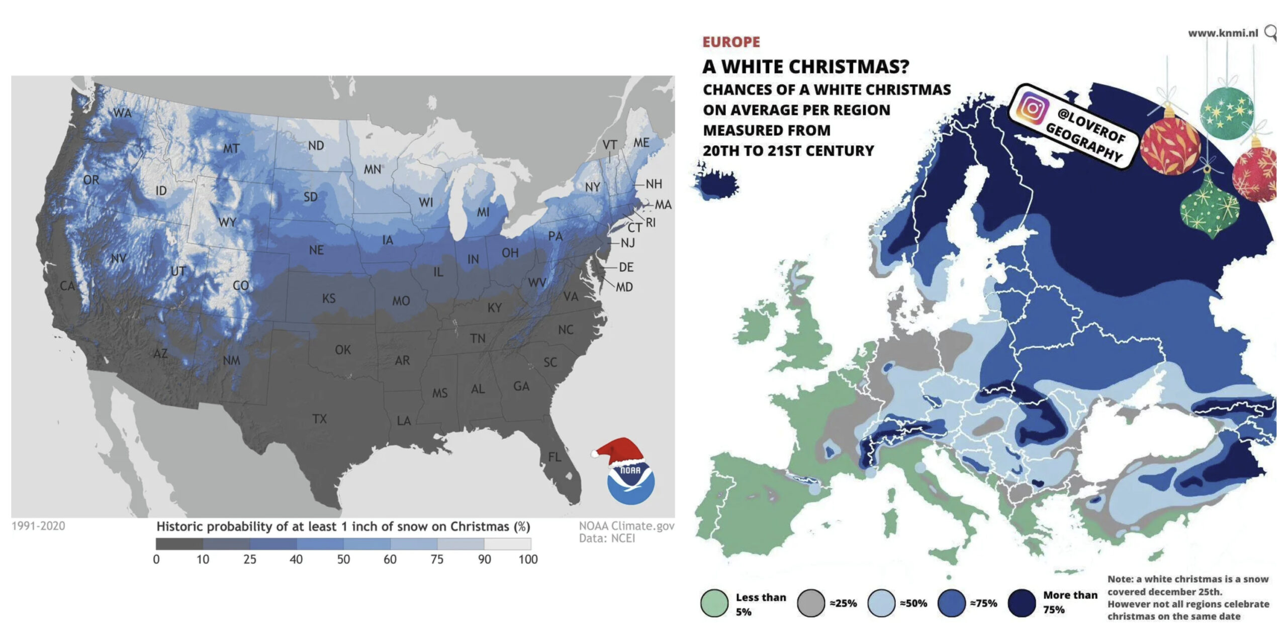 White Christmas Probability Maps – US & Europe