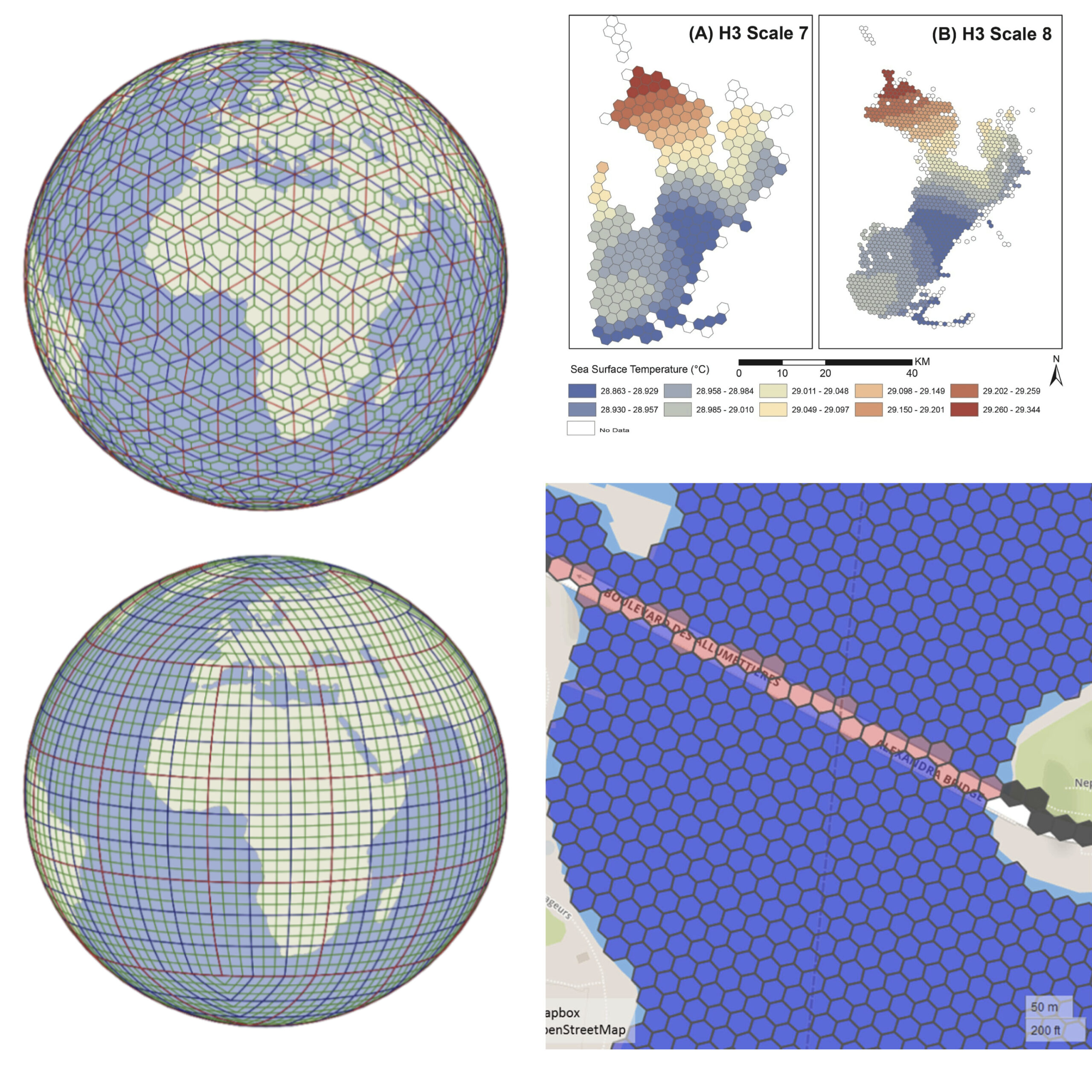 Example of DGGS and its applications. Source: see relates resources. Making AI Work with Discrete Global Grid Systems
