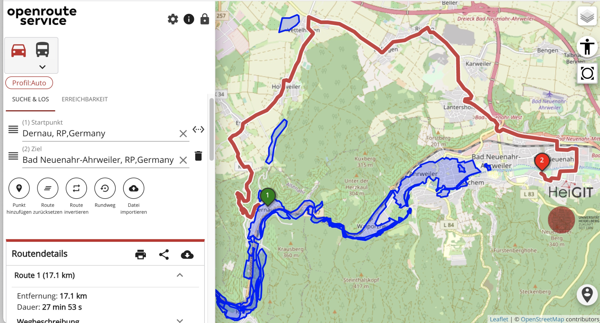 Screenshot of the openrouteservice flood-aware routing tool, showing how Copernicus EMS flood areas can be used to calculate routes that avoid affected zones