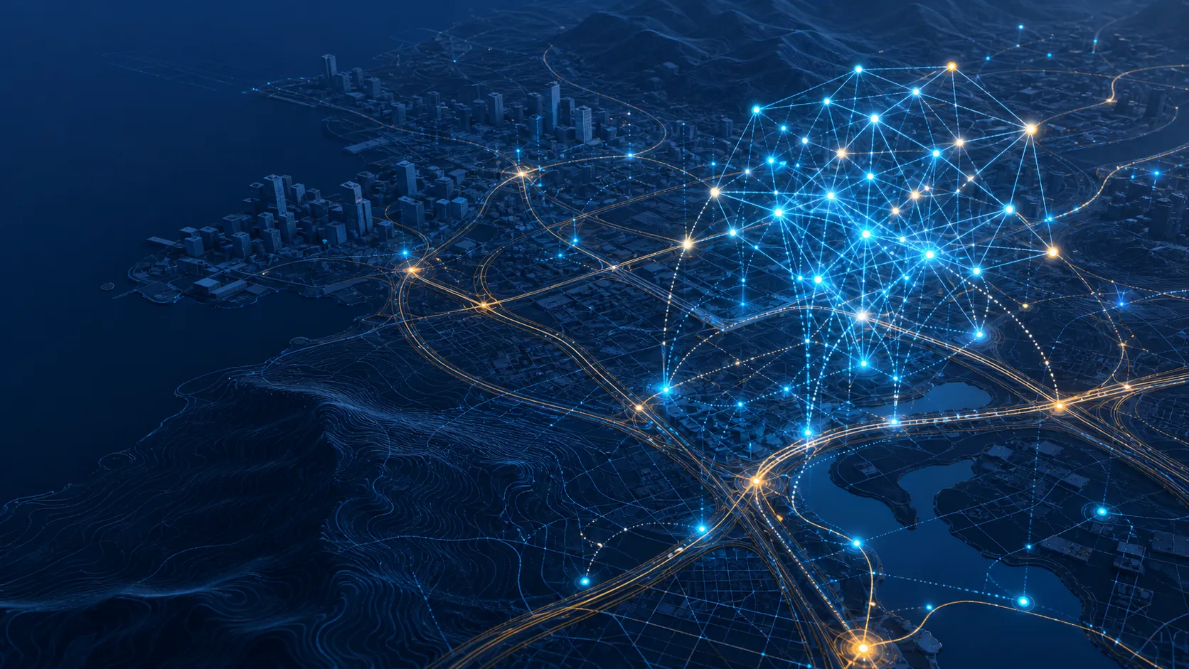 An illuminated AI network interpreting roads, cities, terrain and mobility data across a digital map.