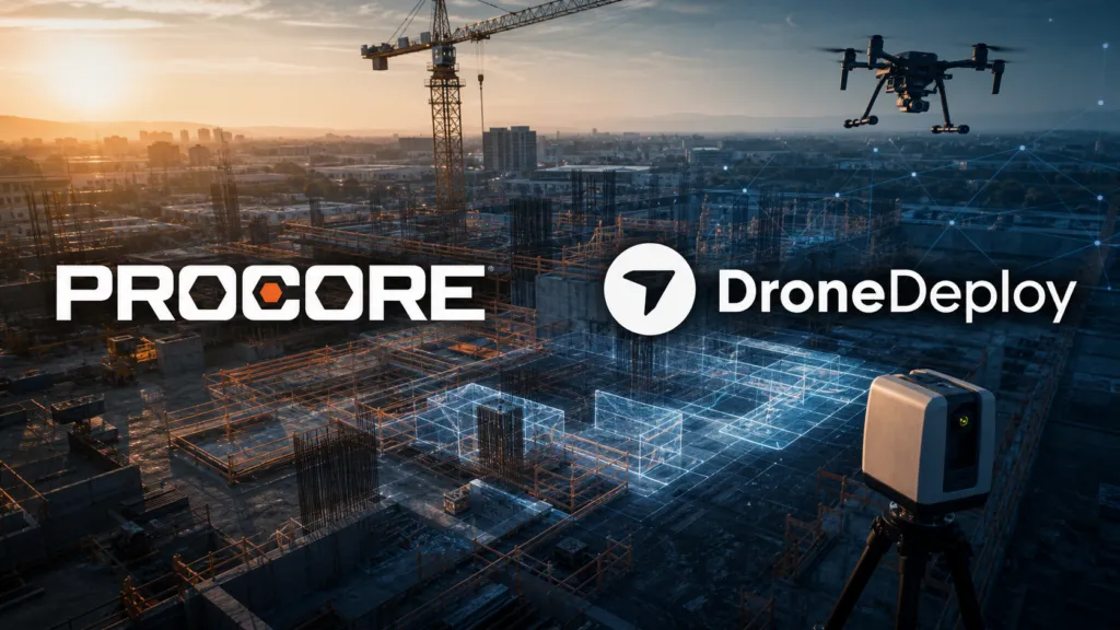 Procore and DroneDeploy logos over an AI-enabled construction site with drone and reality-capture equipment