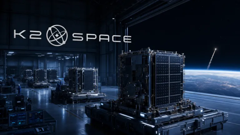 K2 Space logo above a high-power satellite manufacturing line opening toward Earth orbit