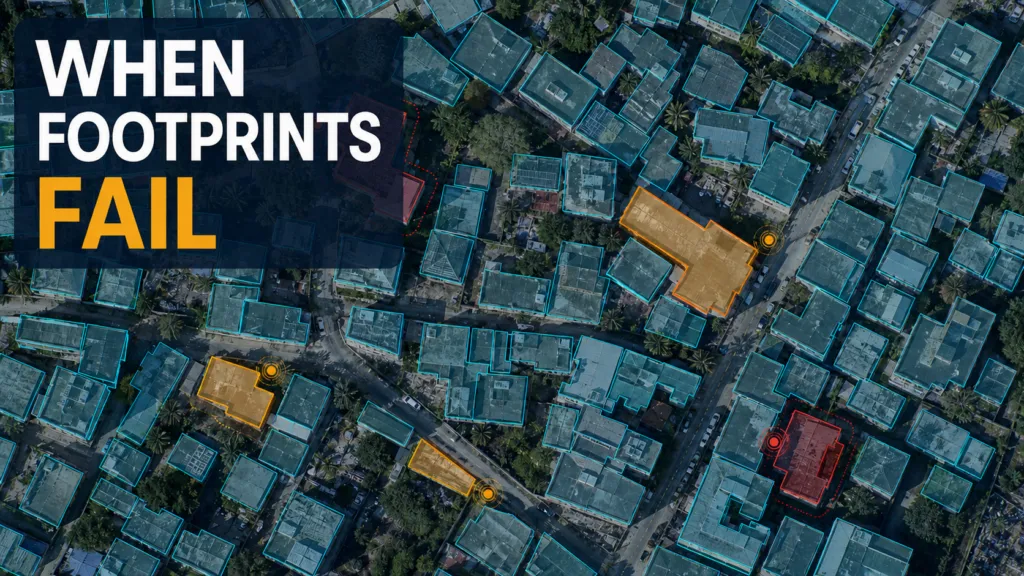 Aerial imagery with building footprints highlighted for GeoAI quality control