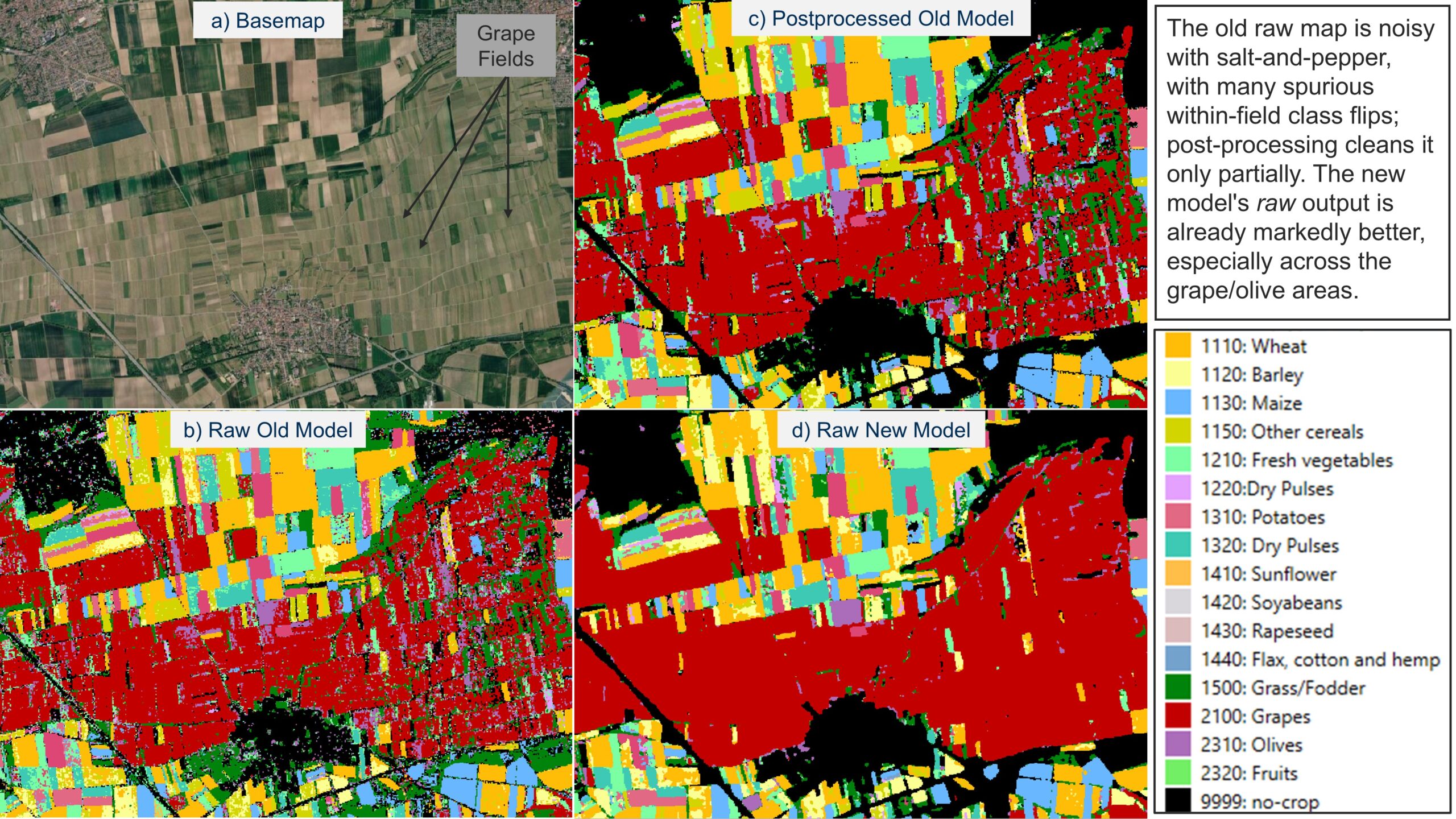 Side-by-side crop mapping outputs showing fewer spurious year-to-year changes