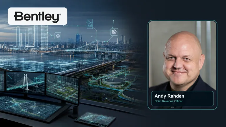 Andy Rahden, Bentley Systems chief revenue officer, beside an AI-powered infrastructure digital twin
