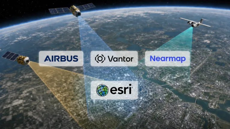 Airbus, Vantor and Nearmap imagery streams converging through Esri over a city