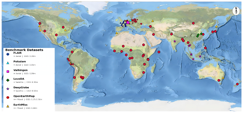 Map showing the geographic distribution and characteristics of the GeoSeg-OV benchmark datasets