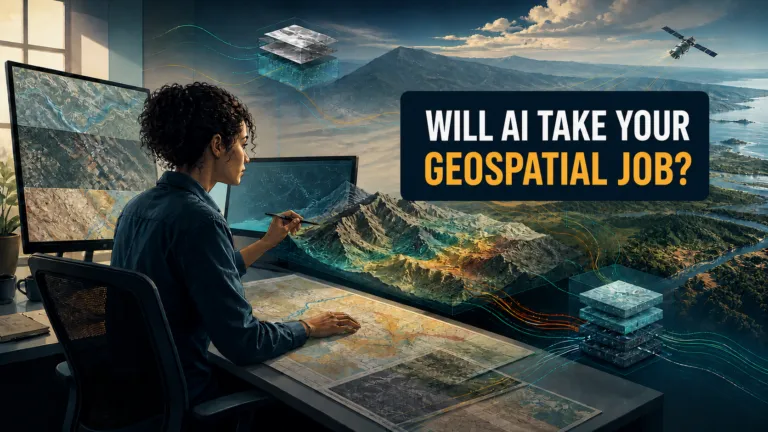 Geospatial professional reviewing maps and a digital terrain model beneath the question: Will AI take your geospatial job?