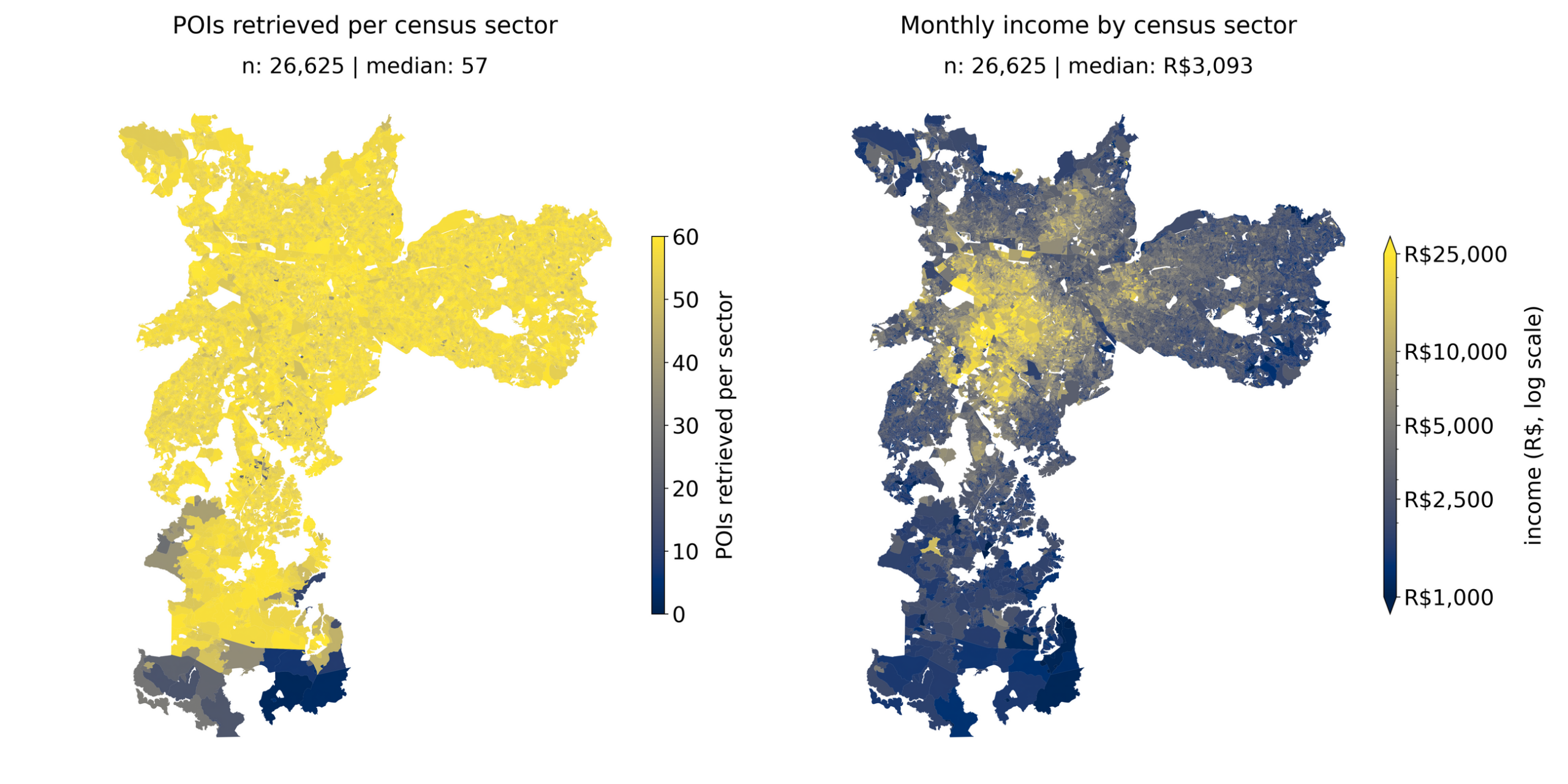 Maps comparing Google Maps points of interest and household income across São Paulo census sectors