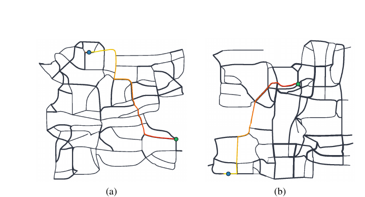 Generated RoadWeaver maps with simulated routing paths