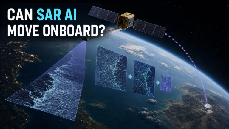Satellite SAR processing concept showing onboard AI compression and downlink