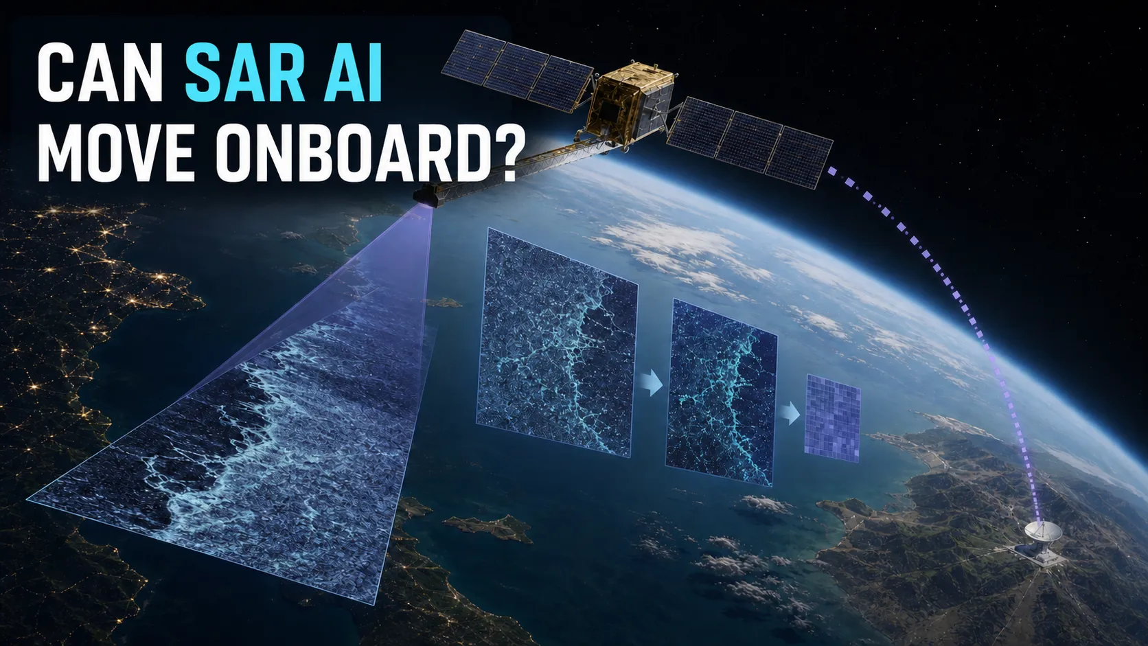Satellite SAR processing concept showing onboard AI compression and downlink