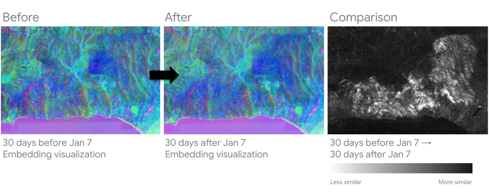AlphaEarth embedding states over Pacific Palisades before and after the January 2025 fire