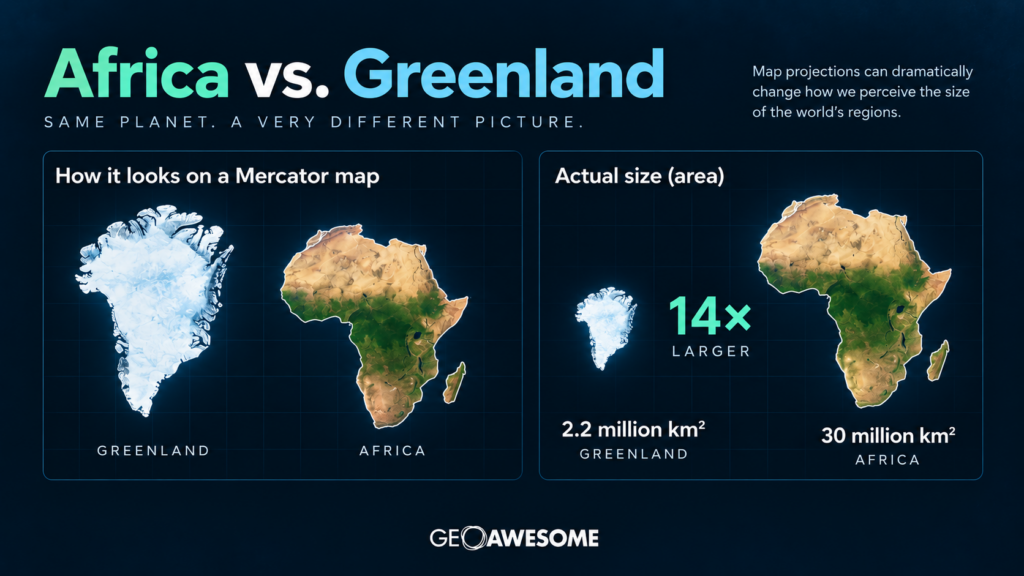 Africa and Greenland compared on a Mercator map and by their actual land areas