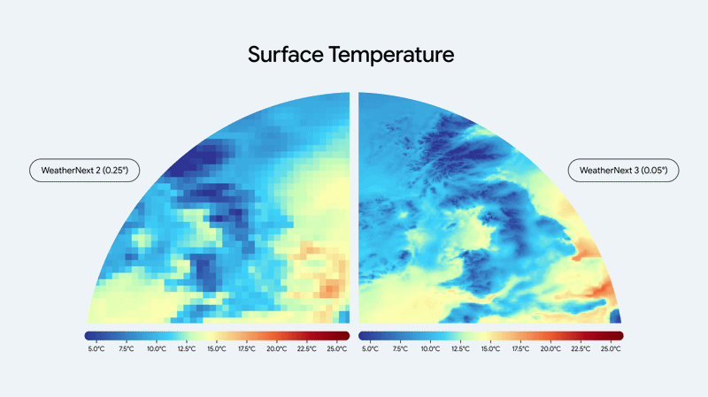 Side-by-side WeatherNext 2 and WeatherNext 3 temperature forecasts over the UK