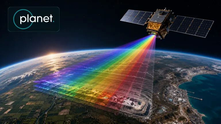 Planet hyperspectral satellite scanning Earth with multiband spectral beams