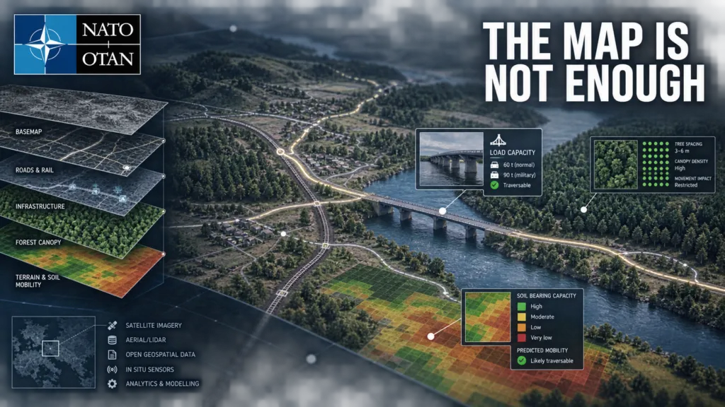 Layered operational geospatial map showing roads, bridge capacity, forest canopy and soil mobility for NATO planning
