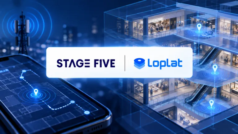Stage Five and Loplat logos with telecom and indoor location mapping visualization