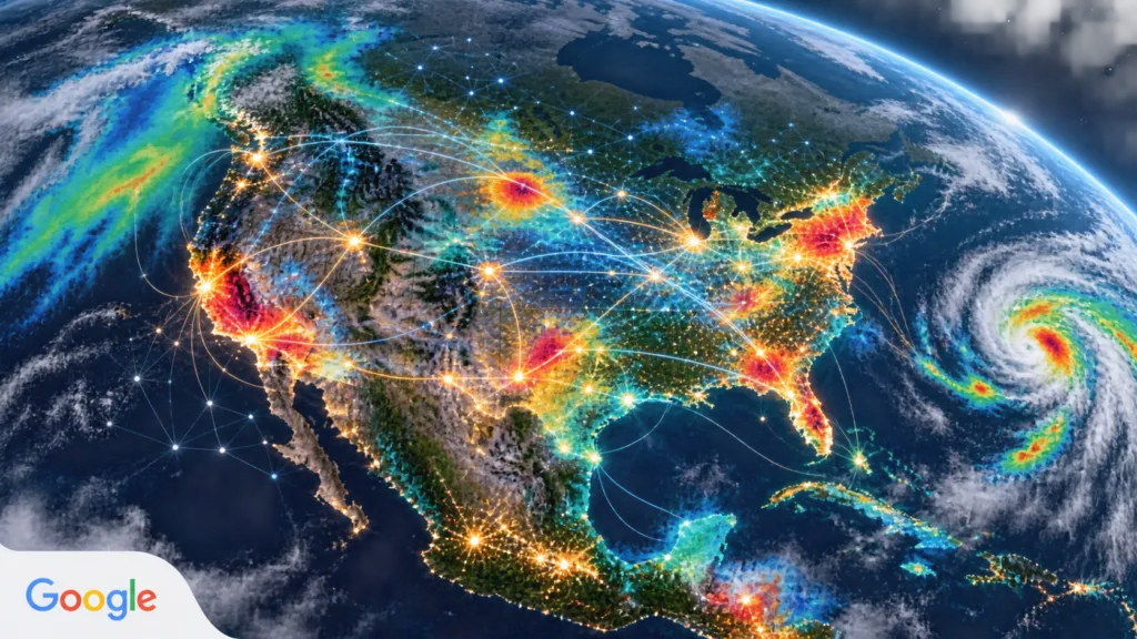 Google Earth AI visualized as Earth observation, mobility, climate and public-health risk layers connected across a digital globe.