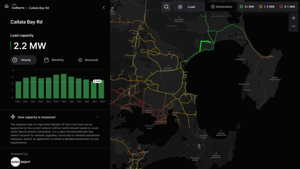 Gridsight grid-visibility map showing estimated load capacity across Endeavour Energy's network.