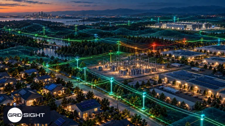Electric distribution network visualized as a geospatial digital twin across homes industry and a substation.