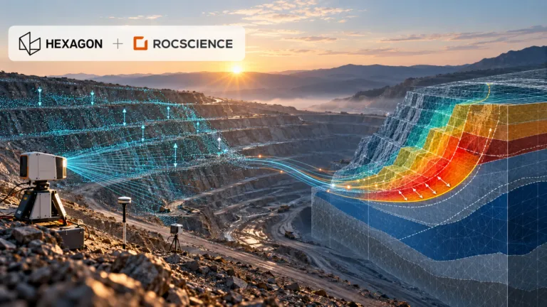 Hexagon and Rocscience logos above an open-pit mine connecting live slope monitoring to a predictive geotechnical model.