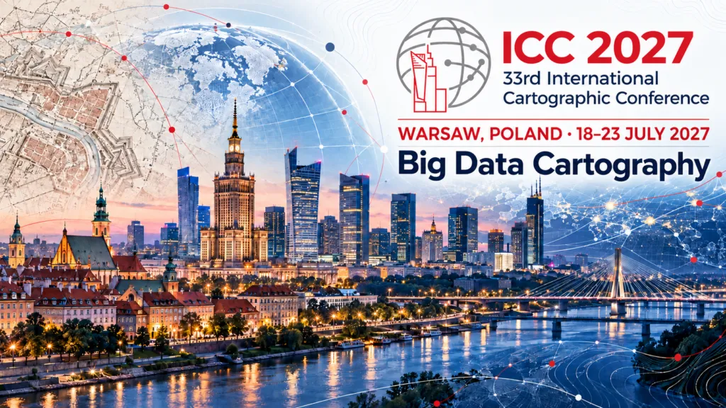 Warsaw skyline with cartographic data overlays and the ICC 2027 International Cartographic Conference logo.