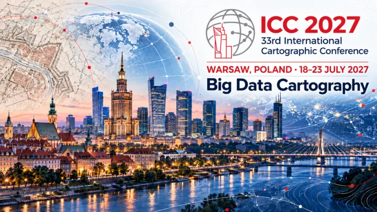 Warsaw skyline with cartographic data overlays and the ICC 2027 International Cartographic Conference logo.