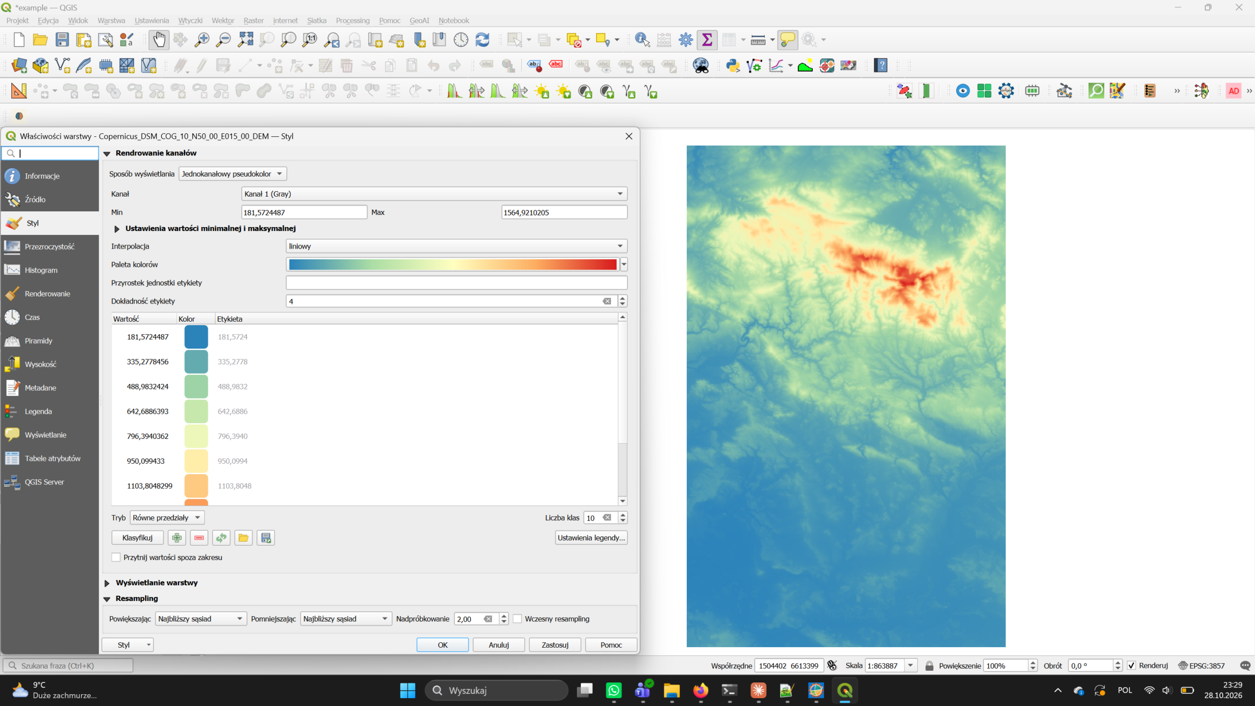 QGIS showing the same DEM with a single-band pseudocolour style