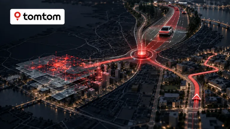 TomTom logo above a digital city map where navigation routes, autonomous driving and location-data layers converge