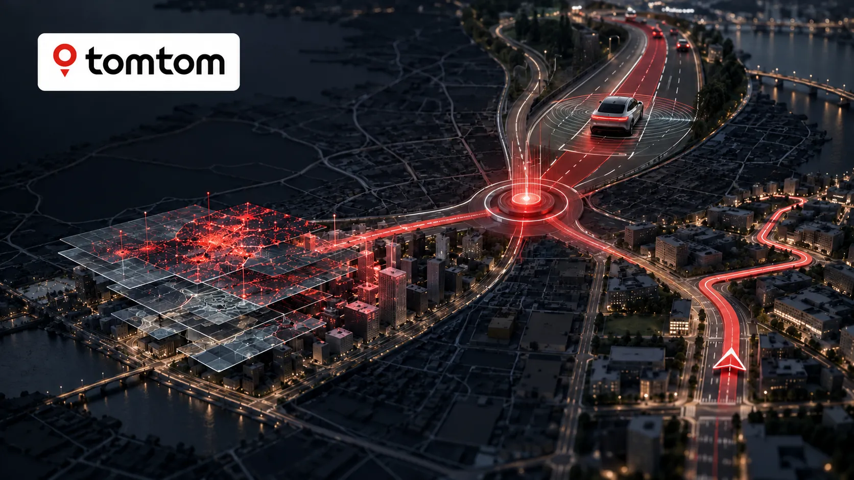 TomTom logo above a digital city map where navigation routes, autonomous driving and location-data layers converge